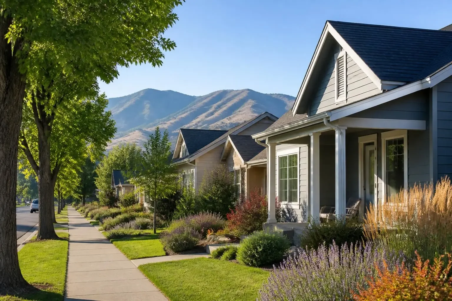 Homes with well-kept roofs along a Boise street